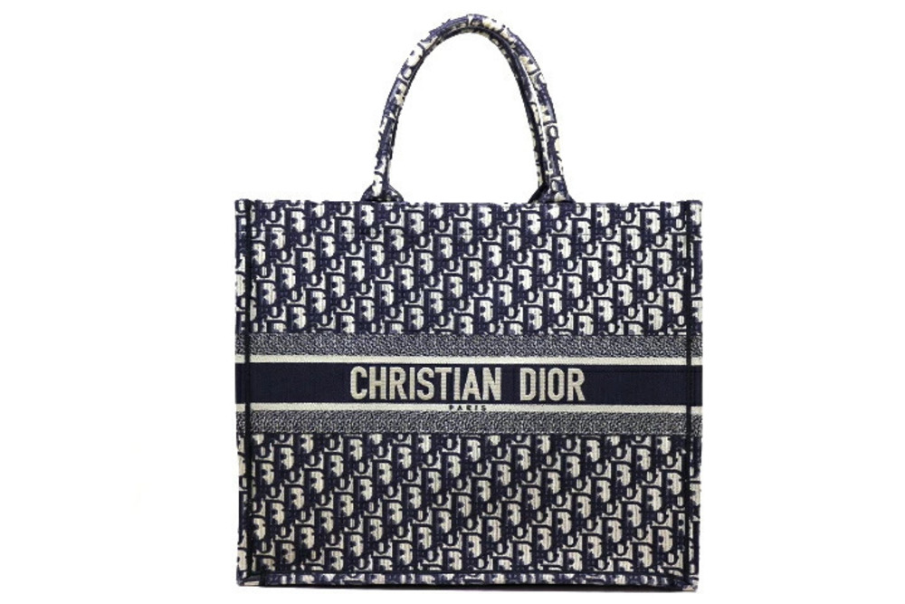 Christian Dior Bag Tote Oblique Book Navy Blue Beige Cream Canvas All over